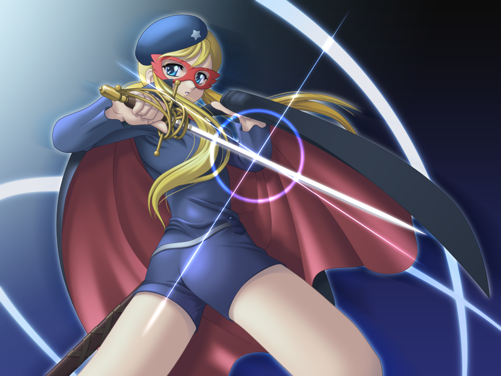 1970s_(style) 1girl beret blonde_hair blue_eyes cape female_focus hat la_seine_no_hoshi long_hair looking_back mask mynote oldschool retro_artstyle simone_(la_seine_no_hoshi) solo sunrise_(company) sword weapon