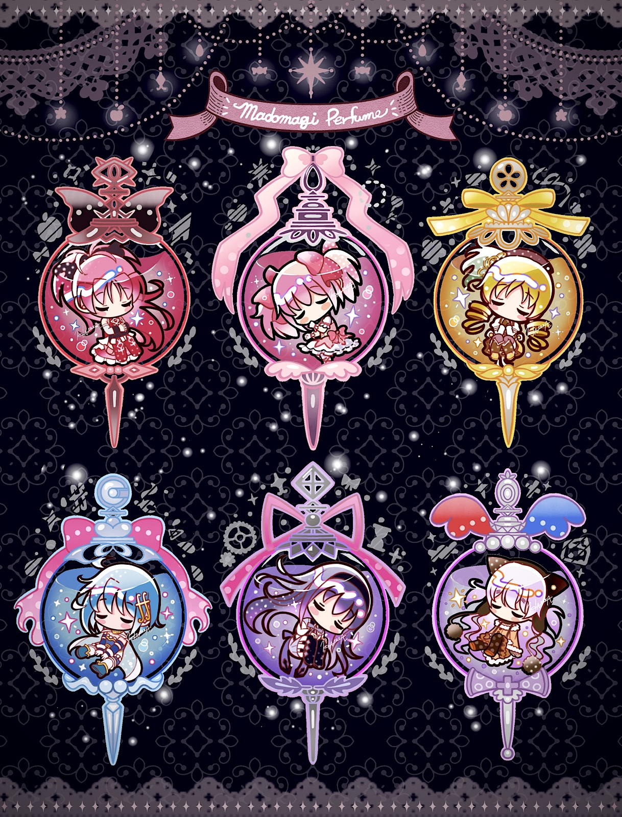 6+girls akemi_homura akemi_homura_(magical_girl) black_background black_ribbon chibi closed_eyes grief_seed hair_ribbon highres kaname_madoka kaname_madoka_(magical_girl) long_hair mahou_shoujo_madoka_magica medium_hair miki_sayaka miki_sayaka_(magical_girl) momoe_nagisa momoe_nagisa_(magical_girl) multiple_girls pink_ribbon ponytail ribbon sakura_kyoko sakura_kyoko_(magical_girl) short_twintails tomoe_mami tomoe_mami_(magical_girl) twintails yae_harura