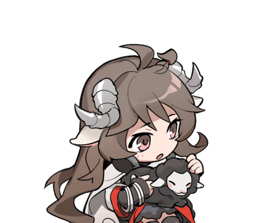 1girl ahoge animal animal_ears arknights black_sheep brown_eyes brown_hair chibi chibi_only chinese_commentary commentary_request curled_horns eyjafjalla_(arknights) grey_horns holding holding_animal horns long_hair multicolored_eyes no_nose open_mouth pink_eyes sheep sheep_ears sheep_girl sheep_horns simple_background solo transparent_background two-tone_eyes unknownlemon1