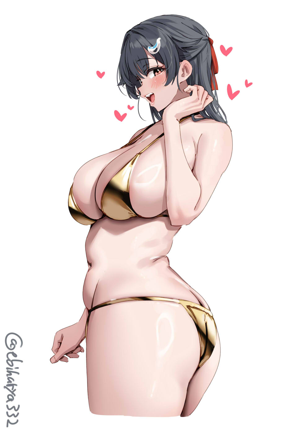 1girl artist_name ass bikini blush breasts butt_crack cleavage commentary_request cropped_legs ebifurya from_side gold_bikini grey_hair hair_between_eyes hair_flaps hair_intakes hair_ornament hair_ribbon hand_up heart highres jingei_(kancolle) kantai_collection large_breasts long_hair looking_at_viewer loving_aura navel one-hour_drawing_challenge open_mouth red_ribbon ribbon shiny_skin sidelocks simple_background skindentation smile solo stomach strap_gap swimsuit teeth thighs twisted_torso twitter_username upper_teeth_only whale_hair_ornament white_background