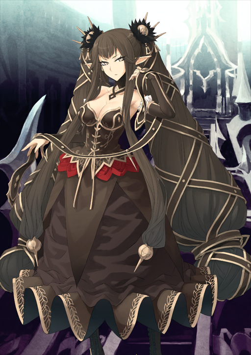 1girl bare_shoulders black_boots boots breasts brown_collar brown_dress brown_hair brown_ribbon brown_sleeves cleavage closed_mouth collar cross-laced_clothes detached_collar detached_sleeves dress fate/grand_order fate_(series) frilled_boots frilled_sleeves frills hair_ornament hair_ribbon hand_up konoe_ototsugu large_breasts long_hair long_pointy_ears long_sidelocks looking_at_viewer looking_to_the_side official_art outstretched_arm pointy_ears ribbon semiramis_(fate) sidelocks slit_pupils solo strapless strapless_dress third-party_source twintails variant_set very_long_hair very_long_sidelocks yellow_eyes