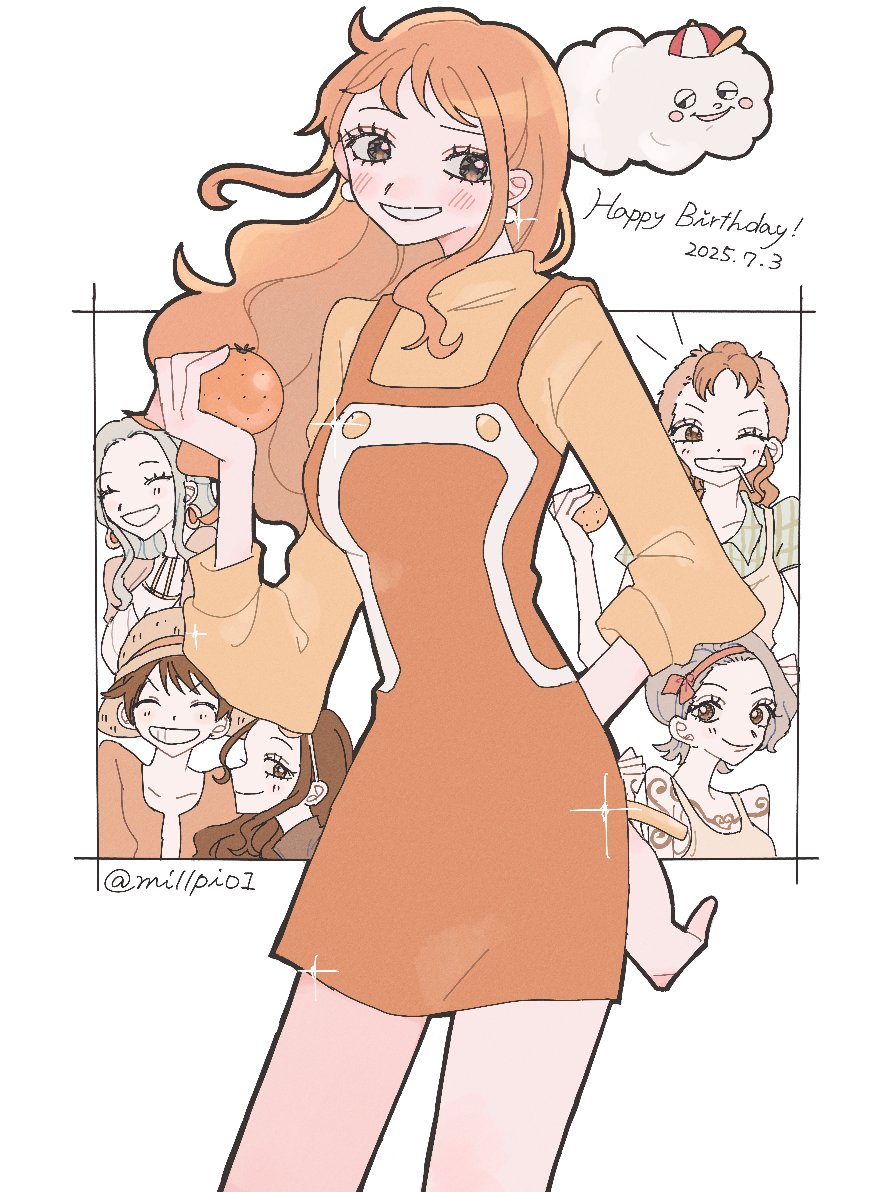 1boy 5girls bangle bellemere birthday black_hair blue_hair blush bracelet brown_eyes cigarette commentary_request cowboy_shot dated dress earrings food fruit happy_birthday hat holding holding_food holding_fruit jewelry long_hair looking_at_viewer mandarin_orange millpi01 monkey_d._luffy multiple_girls nami_(one_piece) nefertari_vivi nico_robin nojiko_(one_piece) official_alternate_costume one_eye_closed one_piece orange_dress orange_hair parted_lips pearl_earrings pink_hair short_hair single_sidelock smile sparkle straw_hat sweater turtleneck turtleneck_sweater twitter_username upper_body yellow_sweater zeus_(one_piece)