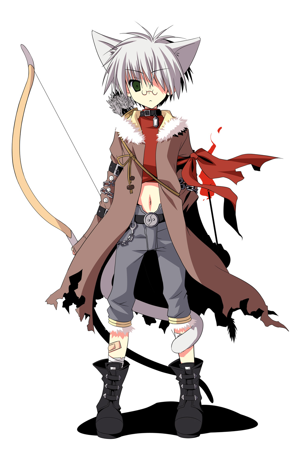 1boy 2000s_(style) adapted_costume animal_ears armband arrow_(projectile) belt black_belt black_boots boots bow_(weapon) brown_coat cat_boy cat_ears cat_tail chain closed_mouth coat commentary_request expressionless flaming_arrow full_body glasses green_eyes grey_shorts hair_over_one_eye highres holding holding_arrow holding_bow_(weapon) holding_weapon looking_at_viewer male_focus midriff navel open_clothes open_coat pince-nez quiver ragnarok_online red_shirt rimless_eyewear round_eyewear shirt short_hair shorts simple_background sniper_(ragnarok_online) solo tail tail_around_own_leg torn_clothes torn_coat weapon white_background white_hair yuzuki_kotona