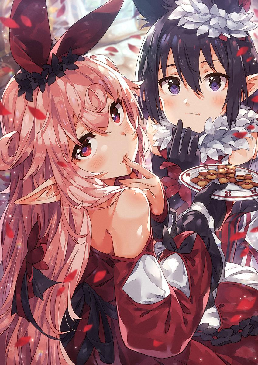 2girls animal_ears bare_shoulders black_gloves black_ribbon blush closed_mouth commentary_request cookie dress eating elbow_gloves finger_to_mouth food fur_trim gloves hair_between_eyes highres holding holding_plate long_hair long_sleeves looking_at_viewer looking_back mano_(narumi_arata) multiple_girls narumi_arata original pink_hair plate pointy_ears purple_eyes purple_hair recri_(narumi_arata) red_dress red_eyes revision ribbon sitting
