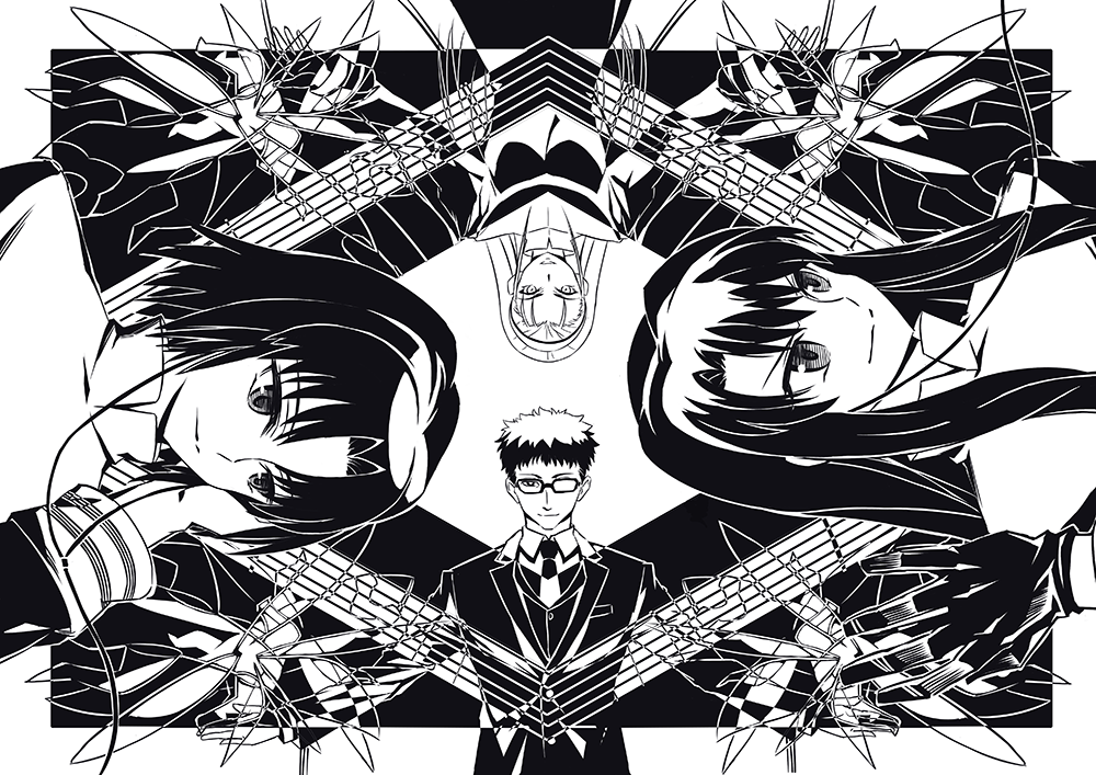 1boy 3girls fairy fingerless_gloves gloves greyscale kara_no_kyoukai kokutou_azaka kurogiri_satsuki monochrome multiple_girls neckerchief ouji_misaya reien_girl&#039;s_academy_school_uniform ryougi_shiki school_uniform todee white_neckerchief