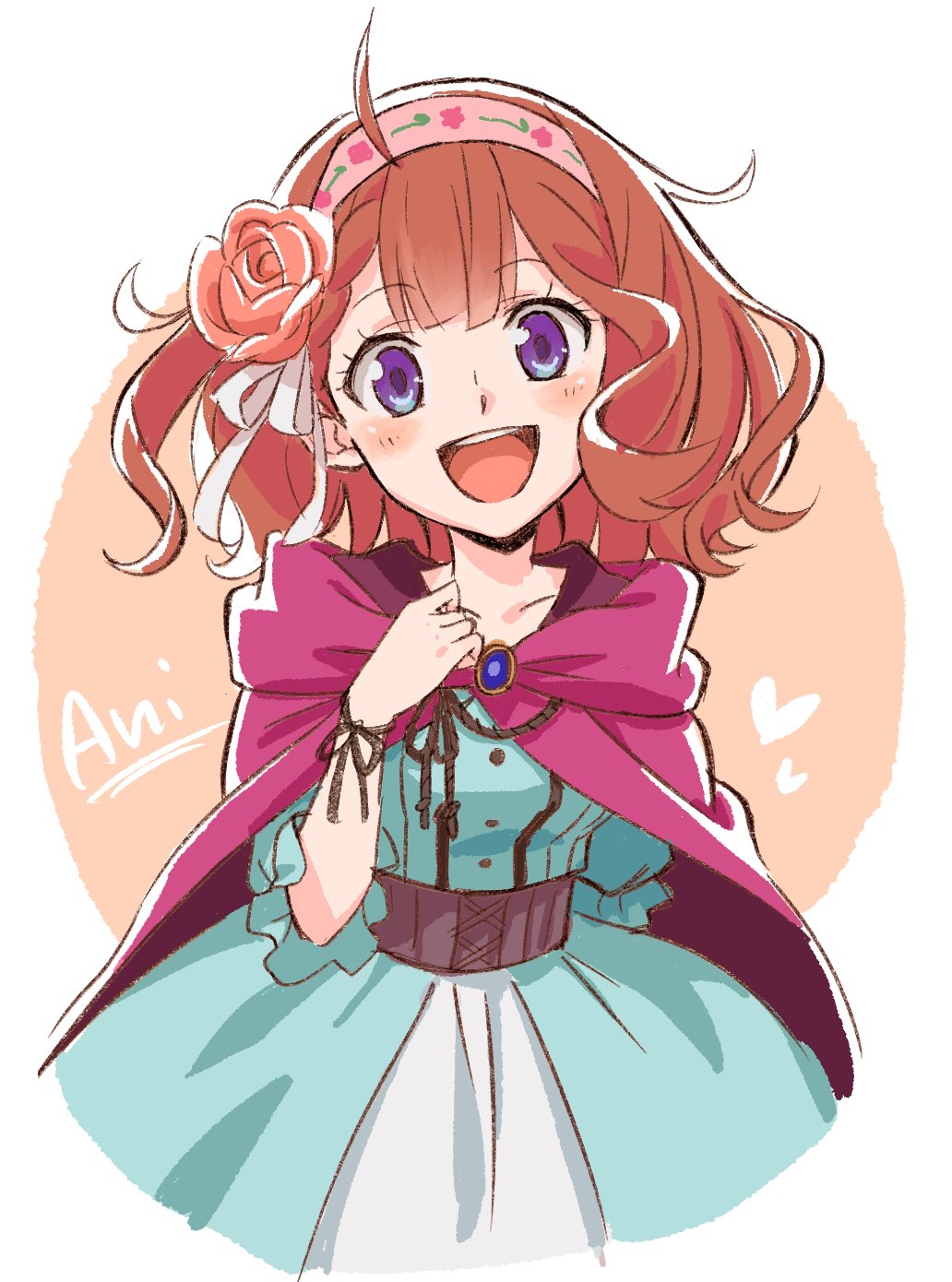 1girl ahoge ani_inako blue_dress blue_eyes brown_hair cape character_name collarbone dame_x_prince dress eyelashes hairband happy highres looking_at_viewer open_mouth pink_cape pink_hairband puffy_short_sleeves puffy_sleeves short_sleeves solo waasa
