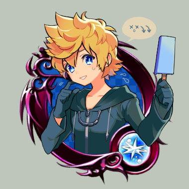 1boy bad_id bad_pixiv_id black_coat black_coat_(kingdom_hearts) black_gloves blonde_hair blue_eyes coat false_smile flying_sweatdrops food gloves grey_background hands_up holding holding_food holding_ice_cream hood hood_down ice_cream ice_cream_bar kingdom_hearts kingdom_hearts_358/2_days kingdom_hearts_x lowres male_focus roxas short_hair smile solo speech_bubble spiked_hair sweatdrop upper_body vocon zipper
