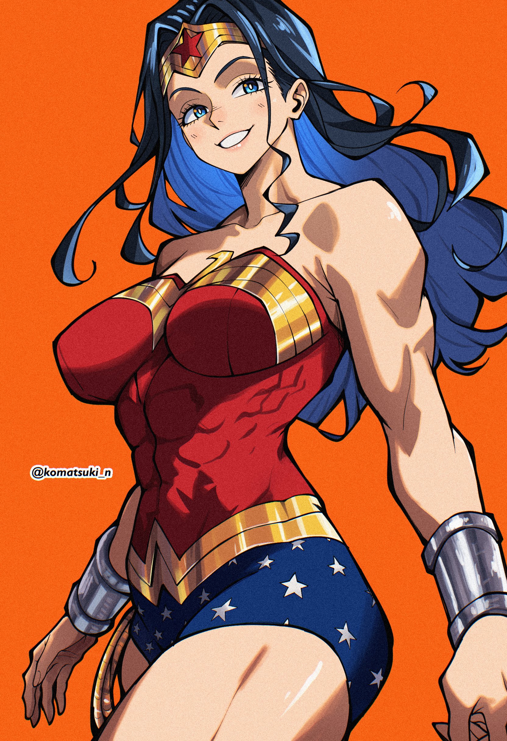 1girl absurdres bare_shoulders blue_eyes blue_hair blush circlet commentary covered_abs cowboy_shot dc_comics eyelashes highres komatsuki_n lasso_of_truth orange_background pink_lips simple_background smile solo superhero_costume twitter_username watch wonder_woman wonder_woman_(series) wristwatch