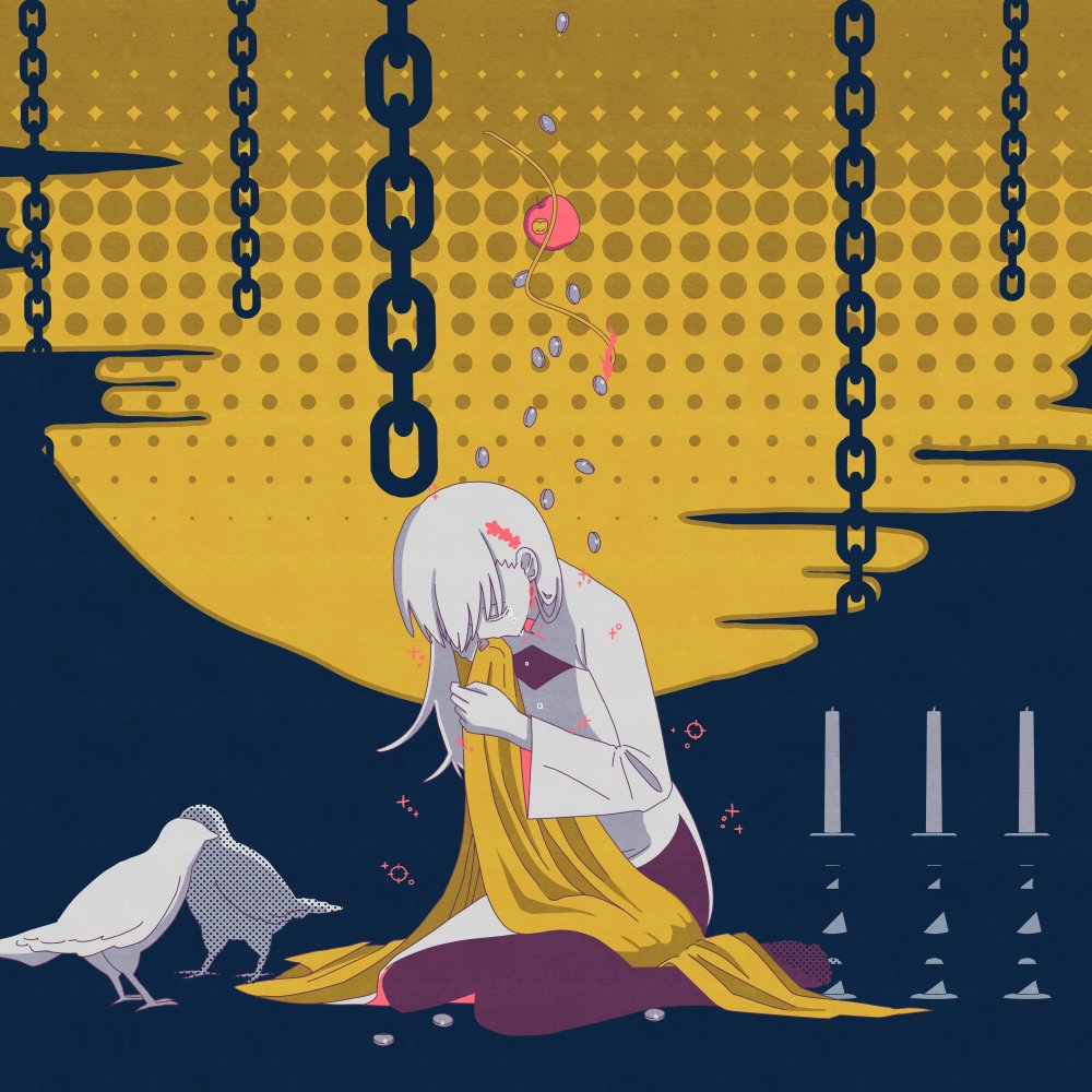 1girl apple bird chain cleavage_cutout clothing_cutout crying derivative_work dress earrings fish_earrings food fruit harushi_mube holding_cloak ix_(lower) jewelry kneeling long_hair lower_(vocaloid) official_art side_slit single_earring solo white_dress white_hair yellow_cloak