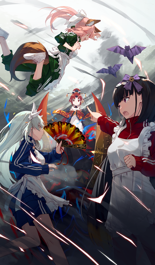 4girls animal_ear_fluff animal_ears apron bat_(animal) battle beni-enma black_hair blue_jacket blue_shorts blue_track_suit blunt_bangs bow breasts clenched_hand commentary crying crying_with_eyes_open demon_boar_(fate) dragon_girl dragon_horns familiar fate/grand_order fate_(series) folding_fan fox_ears fox_girl fox_tail glint gradient_hair green_hair green_jacket green_pants green_track_suit hair_bow hair_ornament hand_fan hat holding holding_fan horns jacket japanese_clothes jumping kimono kiyohime_(fate) light_trail long_hair long_sleeves medium_breasts midair monster motion_lines multicolored_hair multiple_girls nagishiro_mito nervous official_alternate_costume official_art open_mouth orange_hair origami osakabehime_(fate) pants pink_hair pointing purple_eyes red_eyes red_hair red_hat red_jacket red_kimono red_track_suit riding riding_animal shoes shorts sidelocks single_horn smile smoke smoke_trail sneakers tail tamamo_(fate) tamamo_cat_(fate) tears third-party_source track_jacket track_pants track_suit trembling turtleneck turtleneck_jacket twintails very_long_hair wavy_mouth white_apron white_bow white_horns white_shoes wide_sleeves zipper zipper_pull_tab