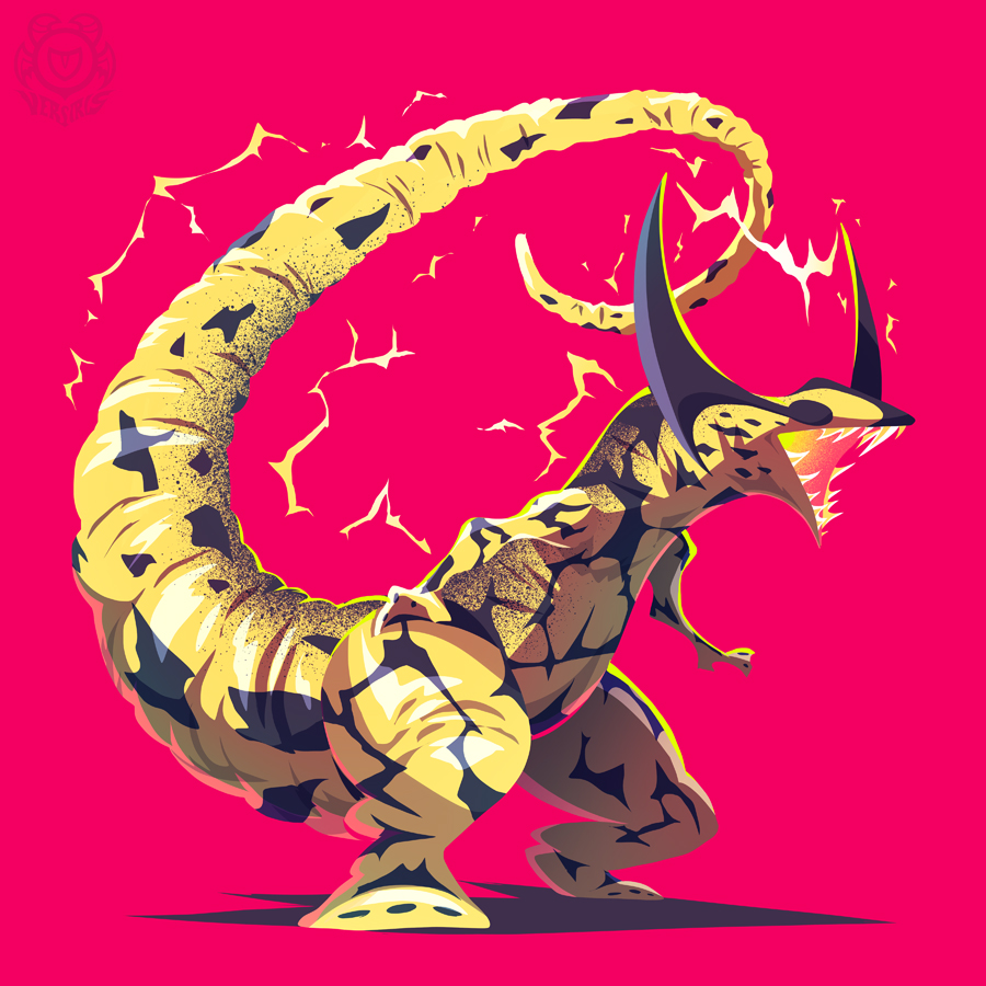 artist_logo electricity eleking full_body logo monster no_humans open_mouth pink_background pokemon pokemon_(creature) shadow sharp_teeth simple_background solo teeth ultra_series versiris