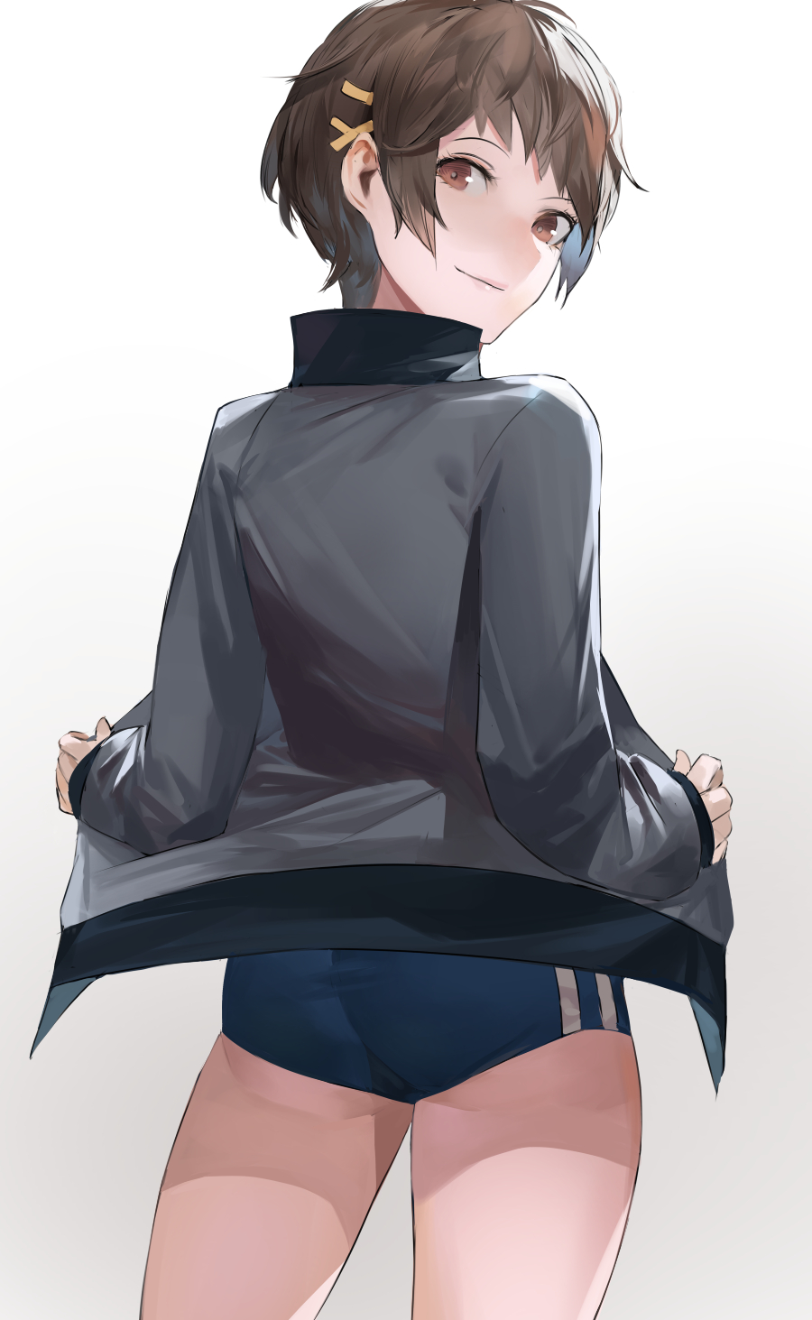 1girl ass blazpu blue_buruma brown_eyes brown_hair buruma closed_mouth from_behind grey_jacket hair_ornament hairclip highres jacket juusan_kihei_bouei_ken looking_back minami_natsuno simple_background smile solo thighs track_jacket