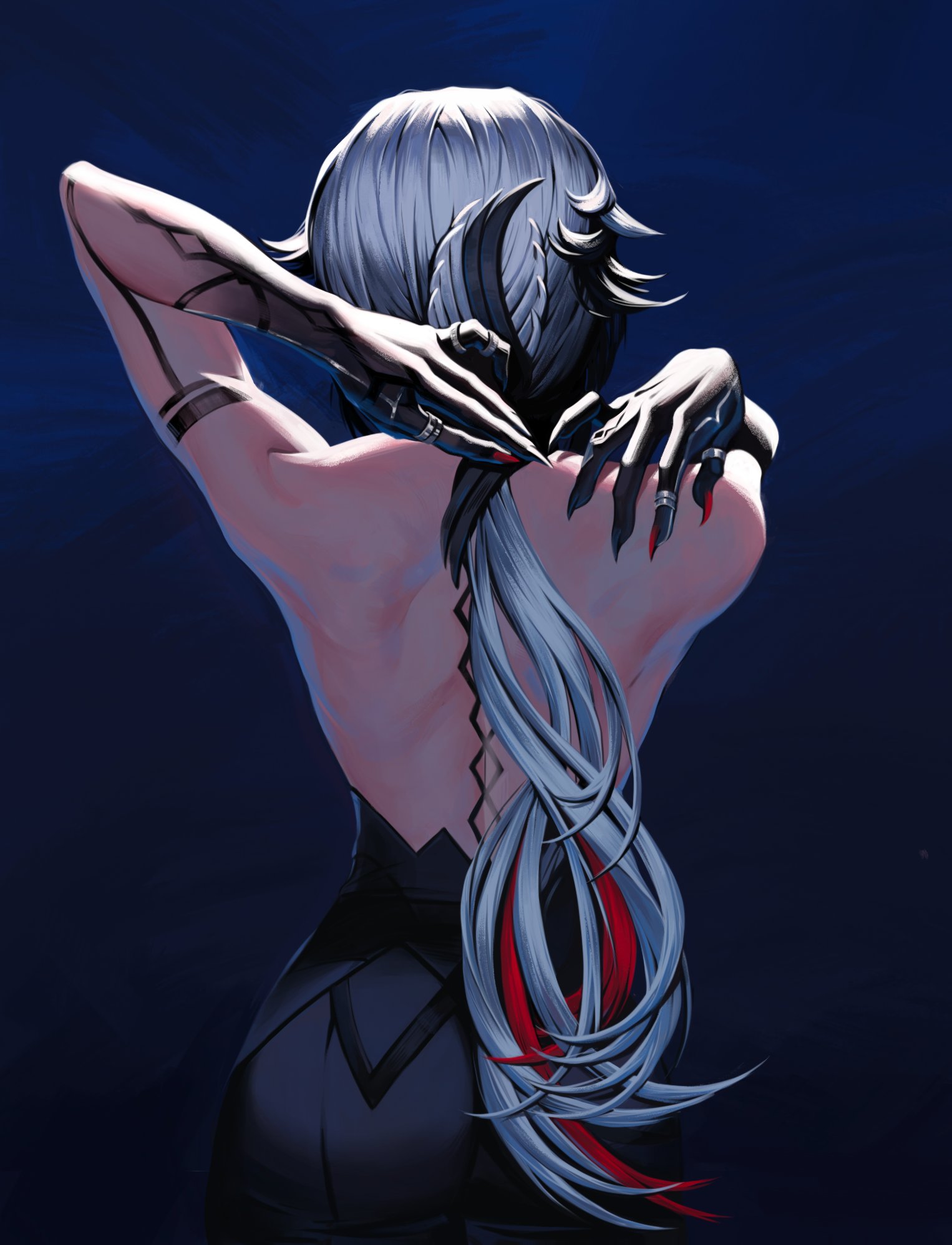 1girl arlecchino_(genshin_impact) backless_dress backless_outfit black_background black_gloves black_hair blue_background dress facing_away genshin_impact gloves hand_in_own_hair highres long_hair low_ponytail lunart multicolored_background ponytail red_hair red_nails revision solo white_hair