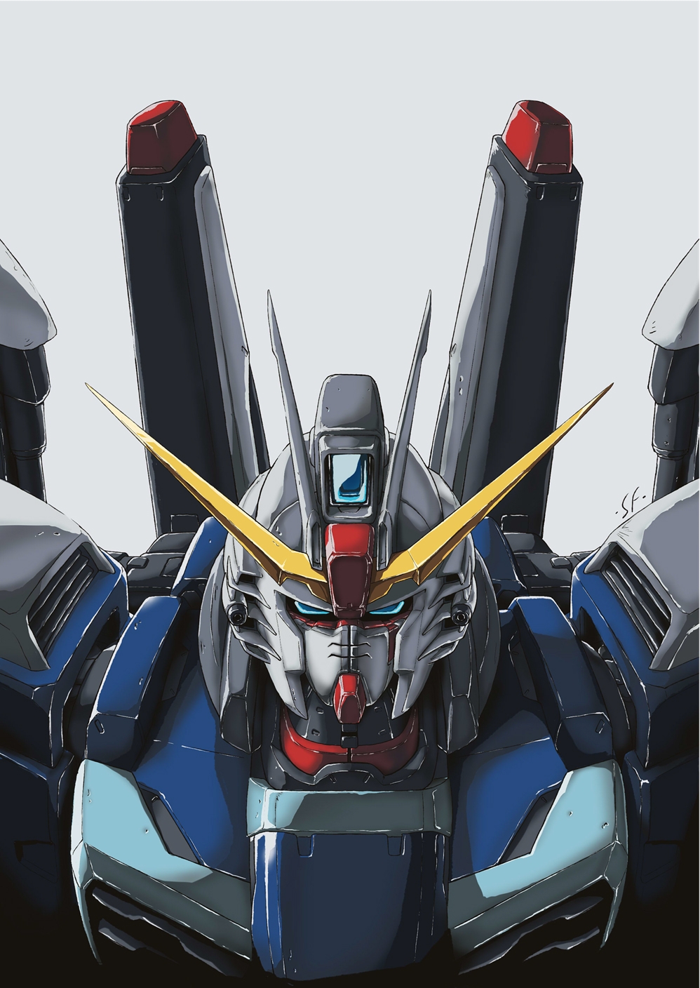 blue_eyes destiny_gundam gundam gundam_seed gundam_seed_destiny helmet highres machine mecha mecha_focus no_humans robot sf_(artist) signature simple_background solo white_background