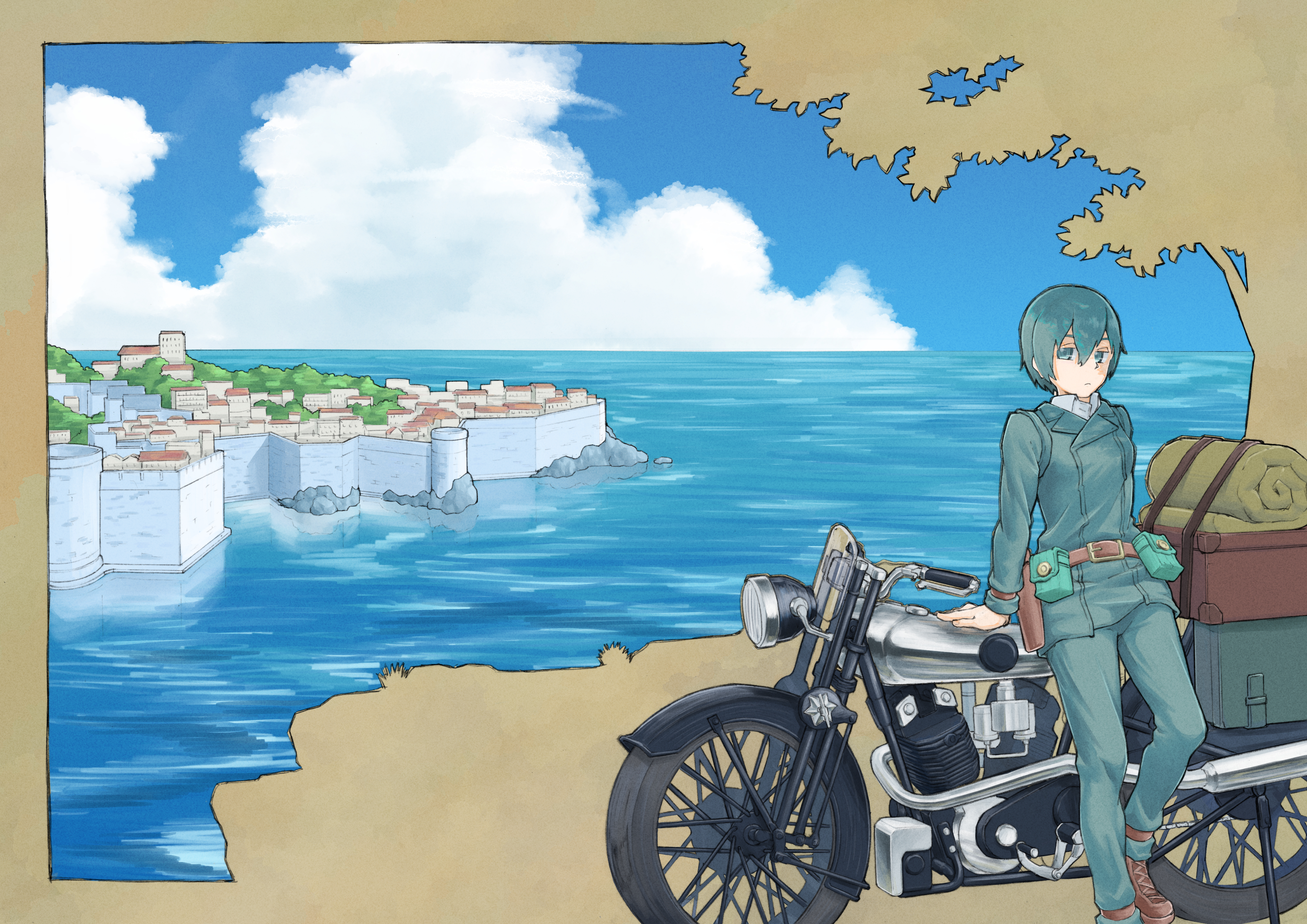 1girl absurdres androgynous bedroll belt_pouch border brough_superior brown_border city cloud day green_eyes green_hair hermes_(kino_no_tabi) highres holster kanbaru_mitsuki kino_(kino_no_tabi) kino_no_tabi leather_belt motor_vehicle motorcycle ocean outdoors pouch reverse_trap saddlebags sky tomboy tree