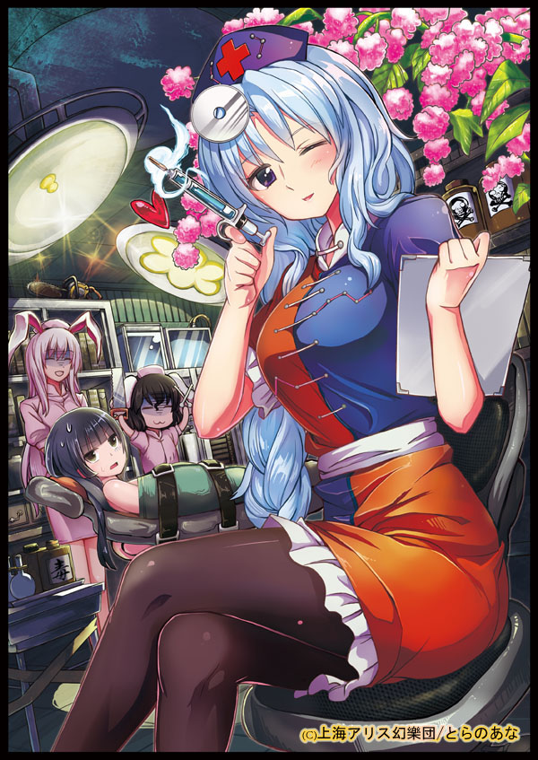 4girls animal_ears black_legwear braid rabbit_ears chainsaw clipboard dress female_focus hat heart houraisan_kaguya inaba_tewi crossed_legs long_hair multiple_girls nurse nurse_cap one_eye_closed pantyhose poison purple_eyes reisen_udongein_inaba saw shaded_face silver_hair single_braid sitting sweatdrop syringe tamon_ketsuyuki touhou wink yagokoro_eirin