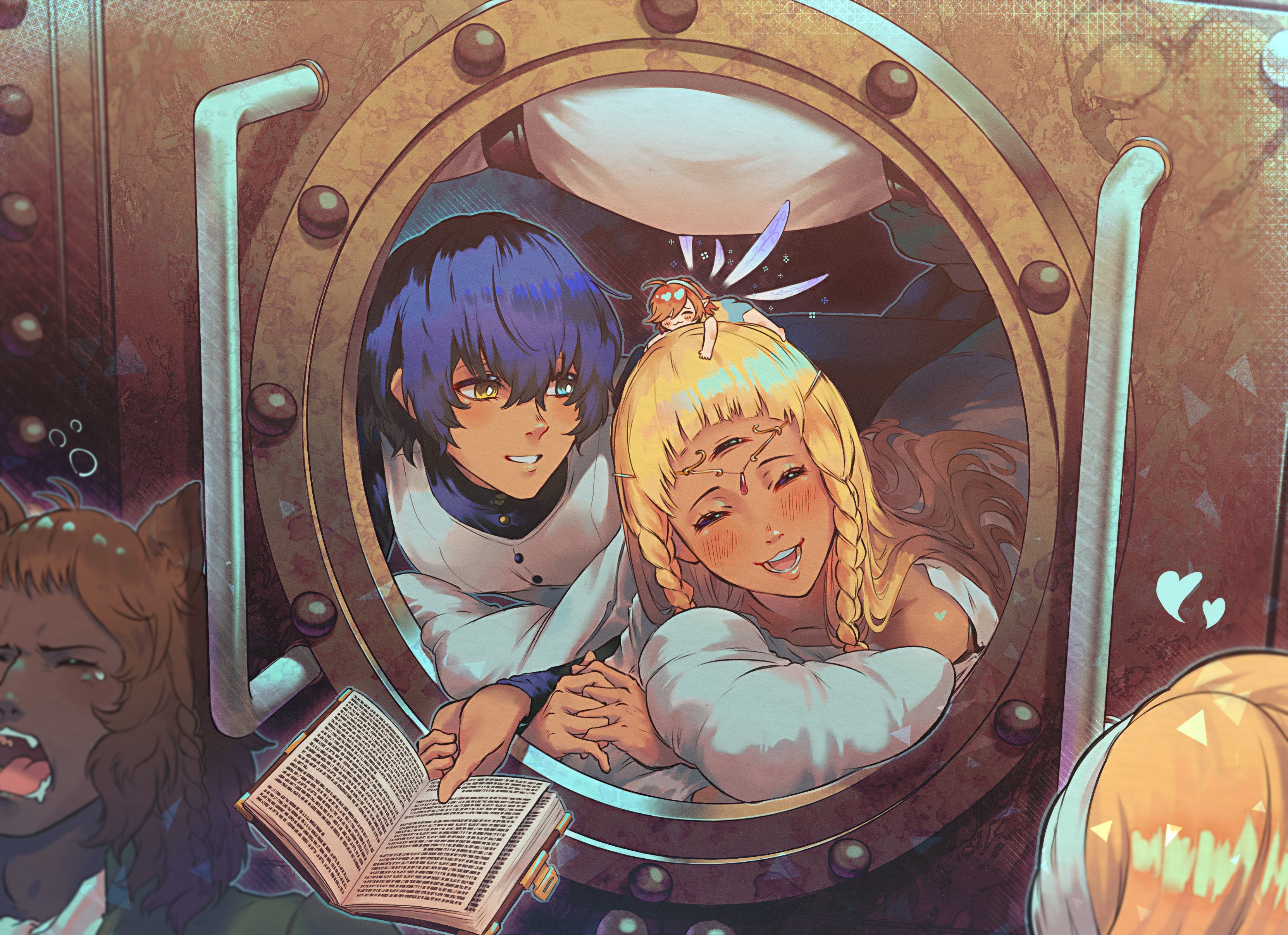 2boys 3girls absurdres bad_link basilio_(metaphor:_refantazio) blue_hair book braid eupha_(metaphor:_refantazio) extra_eyes gallica_(metaphor:_refantazio) heterochromia highres holding holding_book interlocked_fingers junah_(metaphor:_refantazio) lying metaphor:_refantazio multiple_boys multiple_girls open_book protagonist_(metaphor:_refantazio) smile source_request yawning