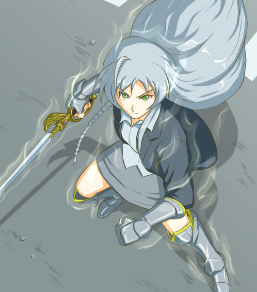 1girl ahoge angry aura boots braid emilia_justina female_focus from_above gauntlets green_eyes hataraku_maou-sama! jacket long_hair side_braid silver_hair skirt solo stmk64 sword weapon yusa_emi