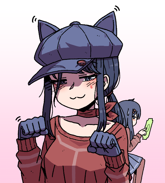 2girls :3 blue_eyes blue_gloves blue_hair blue_hat blue_skirt blush breasts newsboy_cap choker commentary cool_mita_(miside) english_commentary gloves gradient_background hair_ornament hairclip hand_up hat holographic_interface karepack kind_mita_(miside) long_hair long_sleeves looking_at_viewer miside mita_(miside) multiple_girls paw_pose pink_background pleated_skirt ponytail red_choker red_shirt shirt sidelocks simple_background skirt smile sweatdrop teardrop_facial_mark