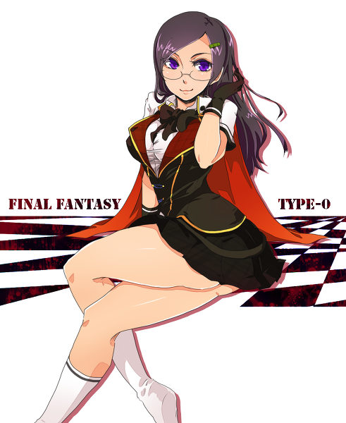black_hair breasts cape final_fantasy final_fantasy_type-0 glasses purple_eyes queen_(fft-0) ribbon skirt socks