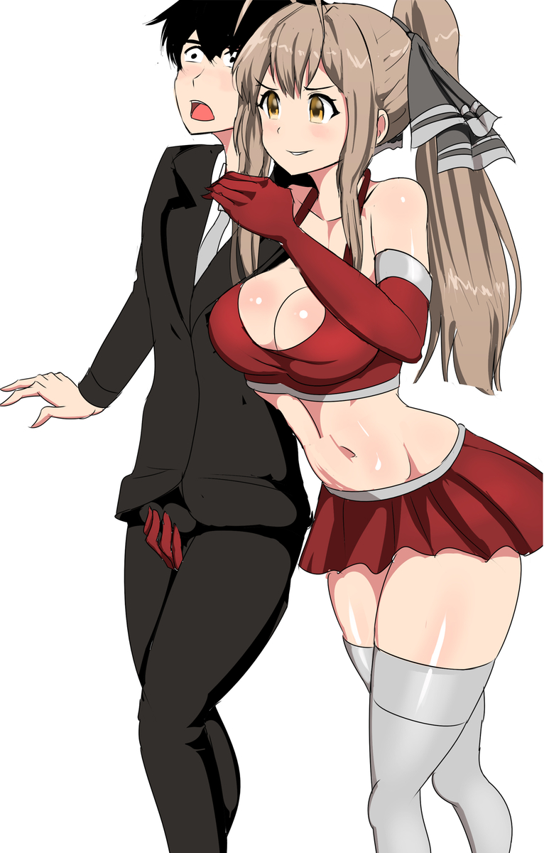 1boy 1girl amagi_brilliant_park assertive_female breasts cleavage crotch_grab elbow_gloves femdom formal_clothes gloves grey_necktie grey_thighhighs highres midriff necktie pakku_(artist) ponytail red_skirt sento_isuzu skirt squeezing_testicles suit testicles thighhighs