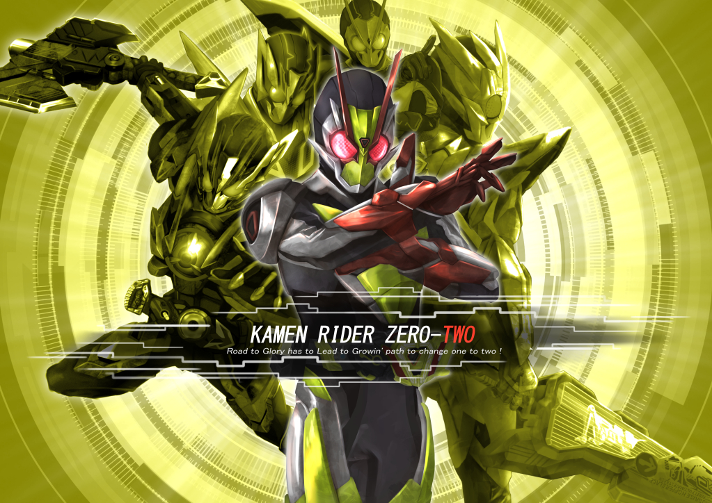 1boy armor axe character_name commentary english_text evolution helmet kamen_rider kamen_rider_01_(series) kamen_rider_zero-one kamen_rider_zero-two looking_at_viewer metalcluster_hopper multiple_persona red_eyes rider_belt rising_hopper shining_assault_hopper shining_hopper sword tsubasansan weapon