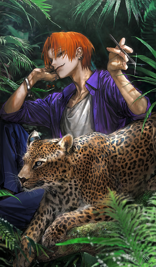 1boy animal au_(d_elete) bangle between_fingers blue_pants bracelet buttons closed_mouth collarbone collared_shirt commentary_request curtained_hair earrings fate/grand_order fate/zero fate_(series) glint head_rest holding holding_scalpel jaguar jewelry jungle knee_up looking_at_viewer male_focus multiple_earrings multiple_rings nature official_art open_clothes open_shirt orange_hair outdoors pants purple_shirt ring shirt shirt_under_shirt short_hair sitting sleeves_rolled_up smirk solo third-party_source uryuu_ryuunosuke white_shirt wing_collar