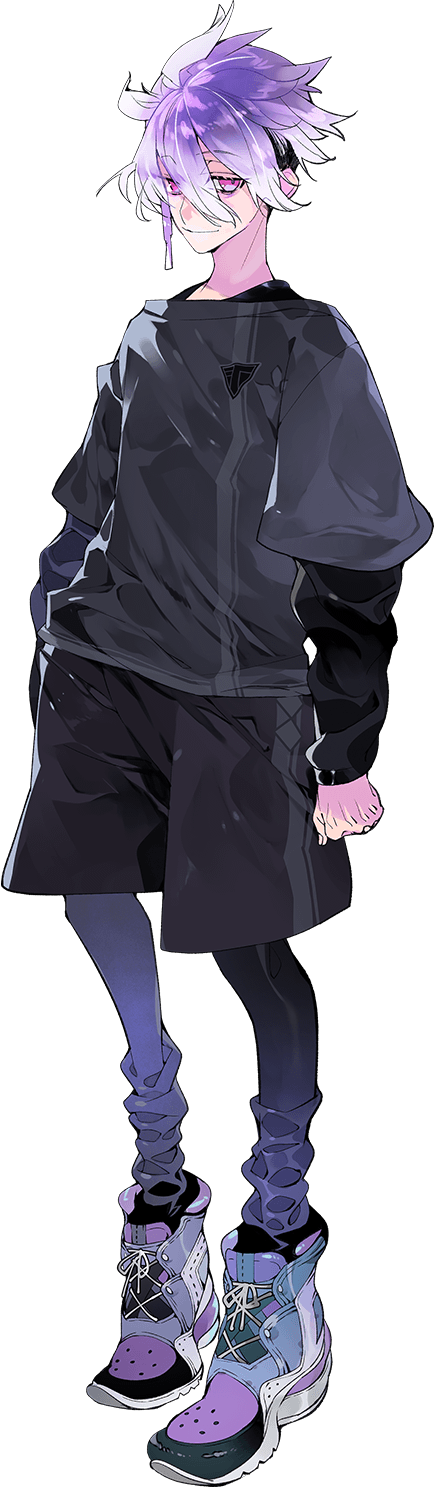 1boy eyes_visible_through_hair hand_in_pocket highres kukicha leggings pantyhose_under_shorts minamoto_kiyomaro official_art pantyhose purple_eyes purple_hair shoes shorts smile sneakers touken_ranbu transparent_background
