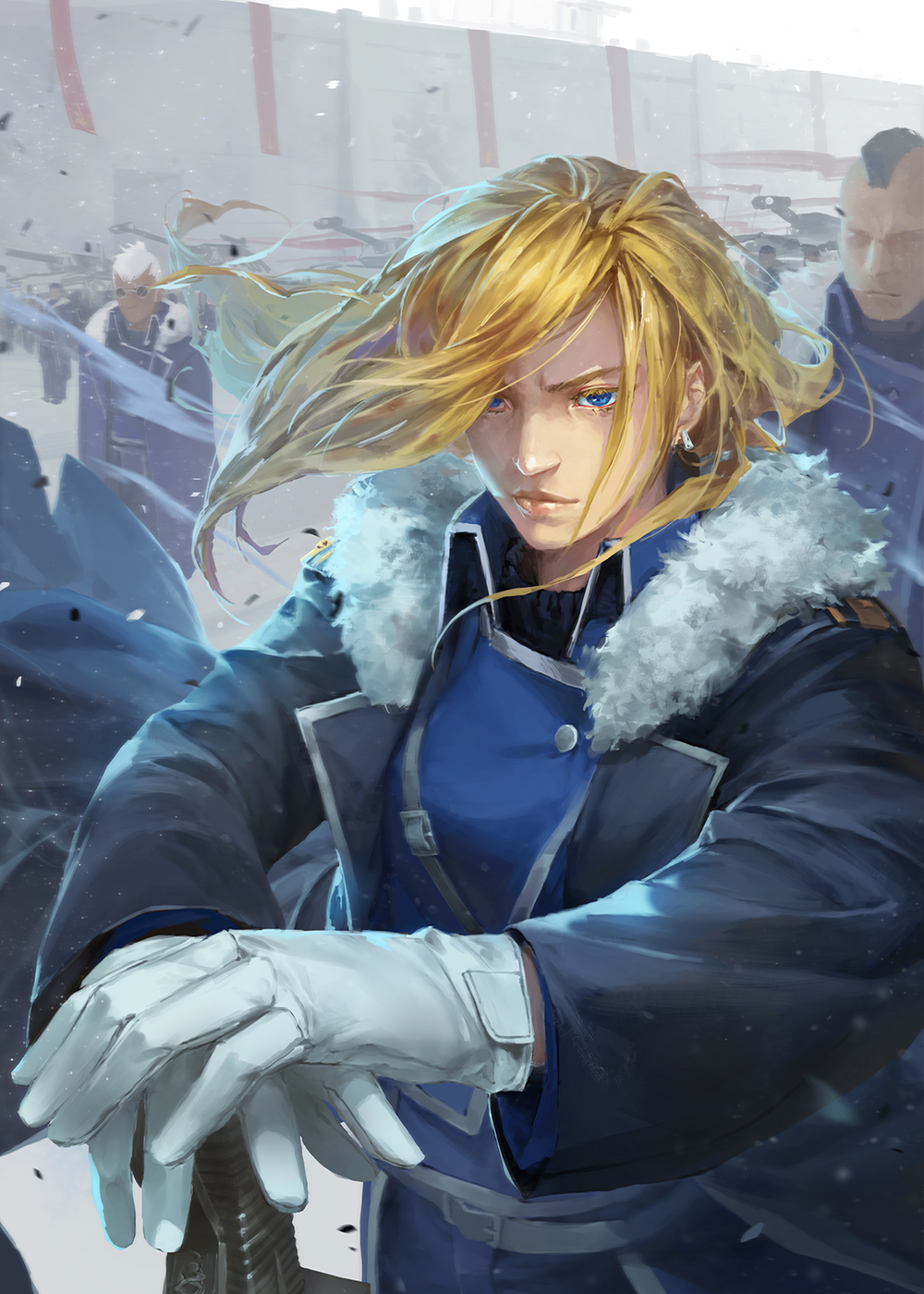1girl baraba_baba blonde_hair blue_eyes buccaneer_(fma) coat colored_eyelashes fullmetal_alchemist fur-trimmed_coat fur_trim hair_over_one_eye highres lips long_hair miles_(fma) military military_uniform moai multiple_boys olivier_mira_armstrong planted planted_sword planted_weapon sword weapon white_hair wind wind_lift