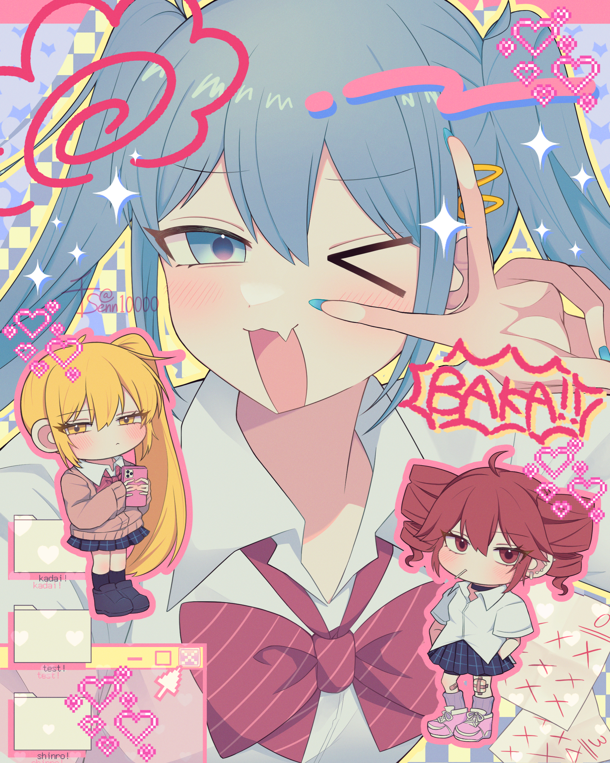 >_o 3girls absurdres academic_test akita_neru bandaid bandaid_on_leg black_shoes black_socks blonde_hair blue_eyes blue_hair blue_nails blue_sky blush bow bowtie brown_sweater candy cellphone chibi closed_mouth collared_shirt cursor double-parted_bangs fang fingernails flower food gauze gauze_on_knee hair_between_eyes hands_in_pockets hatsune_miku heart highres holding holding_phone kasane_teto kneehighs lollipop miniskirt mouth_hold multiple_girls nail_polish one_eye_closed open_mouth paper phone pink_flower pixel_art_inset pleated_skirt pocket red_bow red_bowtie red_hair school_uniform senn10000 shirt shoes side_ponytail skin_fang skirt sky smartphone socks star_(symbol) striped_bow striped_bowtie striped_clothes striped_skirt sweater test_score tongue triple_baka_(vocaloid) triple_ryuunen twintails upper_body utau vocaloid window_(computing) wing_collar yellow_eyes