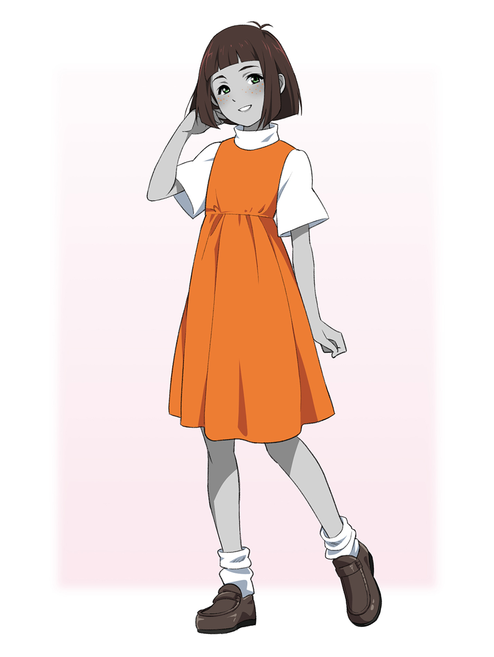 1girl angela_anaconda angela_anaconda_(character) animification blunt_bangs brown_hair brown_shoes colored_skin dress freckles full_body gradient_background green_eyes grey_skin hand_in_own_hair head_tilt highres looking_at_viewer orange_dress pink_background shoes short_hair short_sleeves simple_background smile socks solo standing suzushiro_(suzushiro333) white_background white_sleeves white_socks