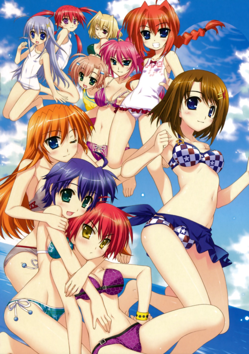 &gt;:/ 10s 6+girls :/ :d ;) agito_(nanoha) ahoge aqua_eyes arm_grab armpits arms_around_neck barefoot beads bikini blonde_hair blue_eyes blue_hair blush bracelet braid breast_press breasts brown_hair buckle casual_one-piece_swimsuit checkered_bikini checkered_clothes cleavage cloud cross-laced_clothes crossed_arms day french_braid frills front-tie_bikini_top front-tie_top fujima_takuya grey_bikini grin hair_between_eyes hair_ornament hair_ribbon hairclip hand_on_own_hip hexagon high_ponytail highres hip_focus hug hug_from_behind index_finger_raised jewelry kneeling long_hair looking_at_viewer lyrical_nanoha mahou_shoujo_lyrical_nanoha mahou_shoujo_lyrical_nanoha_vivid medium_breasts miura_rinaldi multiple_girls navel nove_(nanoha) numbers_(nanoha) ocean official_art one-piece_swimsuit one_eye_closed open_mouth orange_hair outdoors parted_bangs pink_hair planet ponytail print_bikini purple_bikini red_hair reinforce_zwei ribbon sarong scan school_swimsuit shamal short_hair side-tie_bikini_bottom sideboob signum sitting sky small_breasts smile star_(symbol) star_print subaru_nakajima swimsuit teana_lanster twin_braids v-shaped_eyebrows vita_(nanoha) water white_one-piece_swimsuit white_school_swimsuit x_hair_ornament yagami_hayate yellow_eyes yellow_one-piece_swimsuit