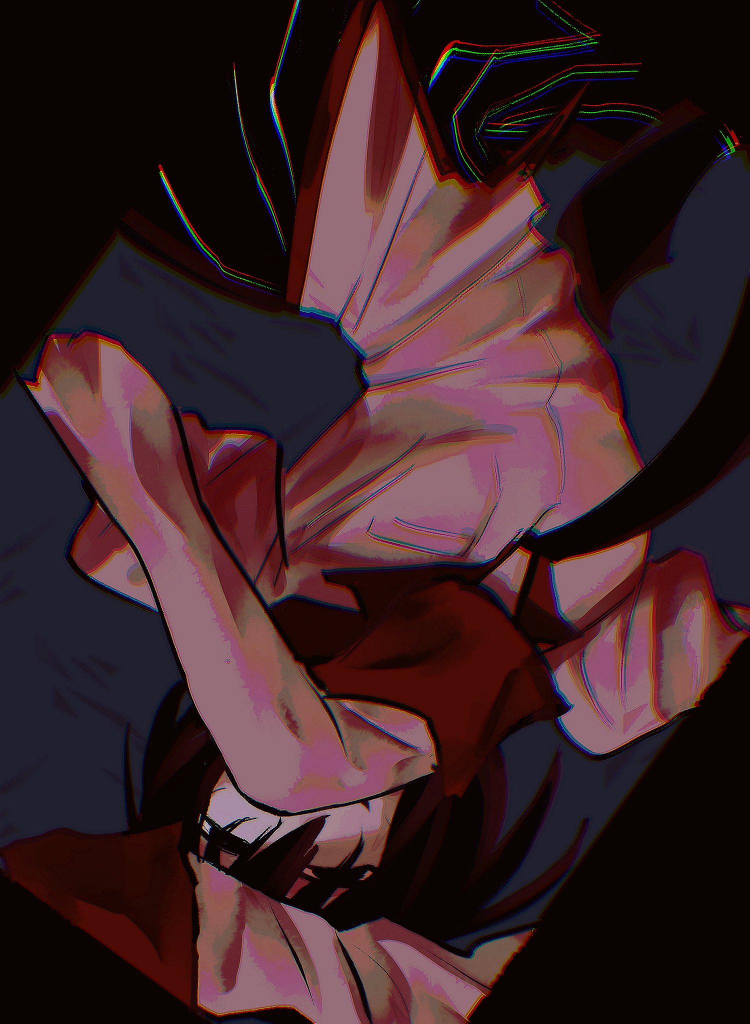 1girl arm_over_head arm_up black_border black_eyes black_hair black_necktie black_skirt bob_cut border breasts chromatic_aberration covering_own_mouth empty_eyes grey_background hair_over_eyes hand_up highres juliet_sleeves long_sleeves maeyakara000 monogatari_(series) naoetsu_high_school_uniform narrowed_eyes necktie oshino_ougi pale_skin pink_shirt pleated_skirt puffy_sleeves red_trim school_uniform shirt short_hair skirt sleeves_past_fingers sleeves_past_wrists small_breasts smile solo upside-down very_long_sleeves