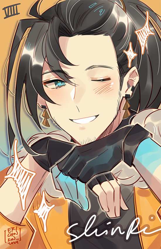 1boy beard_stubble black_gloves black_hair blue_eyes blue_skin character_name coll_(erichankun) colored_skin commentary earrings facial_hair gloves gradient_skin holostars holostars_english jacket jewelry josuiji_shinri long_hair long_sleeves looking_at_viewer male_focus one_eye_closed orange_background orange_jacket ponytail portrait smile sparkle stubble tassel tassel_earrings virtual_youtuber