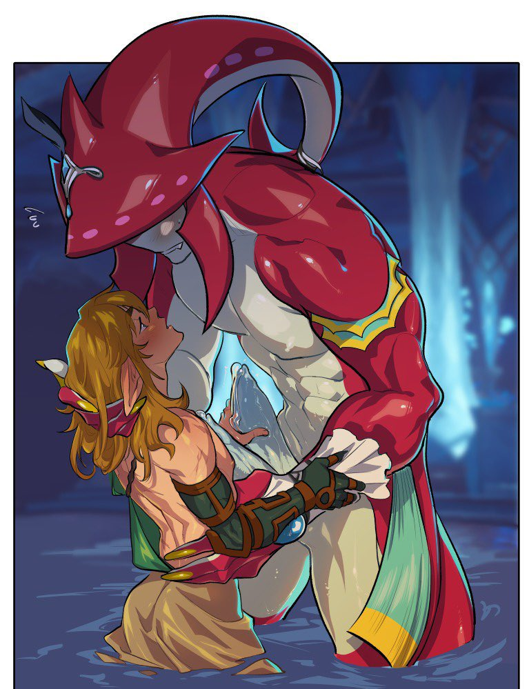 2boys abs archaic_set_(zelda) arm_behind_head blonde_hair blue_eyes blush body_markings cheating_(relationship) elf erection extra_penises fins fish_boy handjob head_back head_fins height_difference interspecies kukumomo large_pectorals link looking_at_another medium_hair monster_boy multiple_boys muscular muscular_male netorare nintendo nipples partially_submerged pectorals pointy_ears precum prosthesis prosthetic_arm shark_boy sidon size_difference standing tall_male the_legend_of_zelda the_legend_of_zelda:_tears_of_the_kingdom toga water yaoi zora