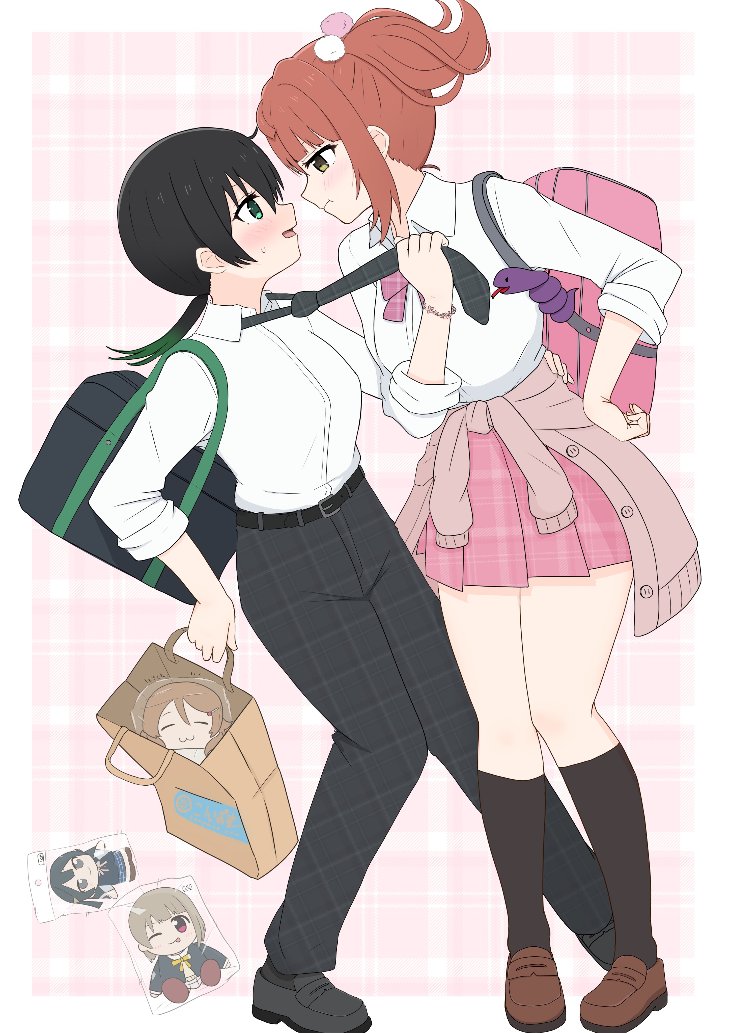 2girls :t ;p absurdres animal_charm bag black_hair black_necktie black_pants black_shoes black_socks blush border bow bowtie breasts brown_shoes character_charm character_doll charm_(object) clothes_grab commentary_request doll eye_contact full_body gradient_hair green_eyes green_hair gyaru gyarugasaki hair_ornament highres holding holding_bag jealous kneehighs knees_together_feet_apart kogal konoe_kanata koppehan kuripan_plushie loafers long_hair looking_at_another love_live! love_live!_nijigasaki_high_school_idol_club low_ponytail medium_breasts multicolored_hair multiple_girls nakasu_kasumi necktie neckwear_grab official_alternate_costume official_alternate_hairstyle one_eye_closed open_mouth orange_hair outside_border pants paper_bag pink_background pink_bag pink_bow pink_bowtie plaid_background plaid_bow plaid_bowtie plaid_clothes plaid_necktie plaid_pants plaid_skirt pom_pom_(clothes) pom_pom_hair_ornament ponytail pout sasuke_(love_live!) school_bag shoes short_sidetail side_ponytail skirt sleeves_rolled_up socks standing sweatdrop teruteru_kanata three-quarter_sleeves tongue tongue_out white_border yellow_eyes yuki_setsuna yuri