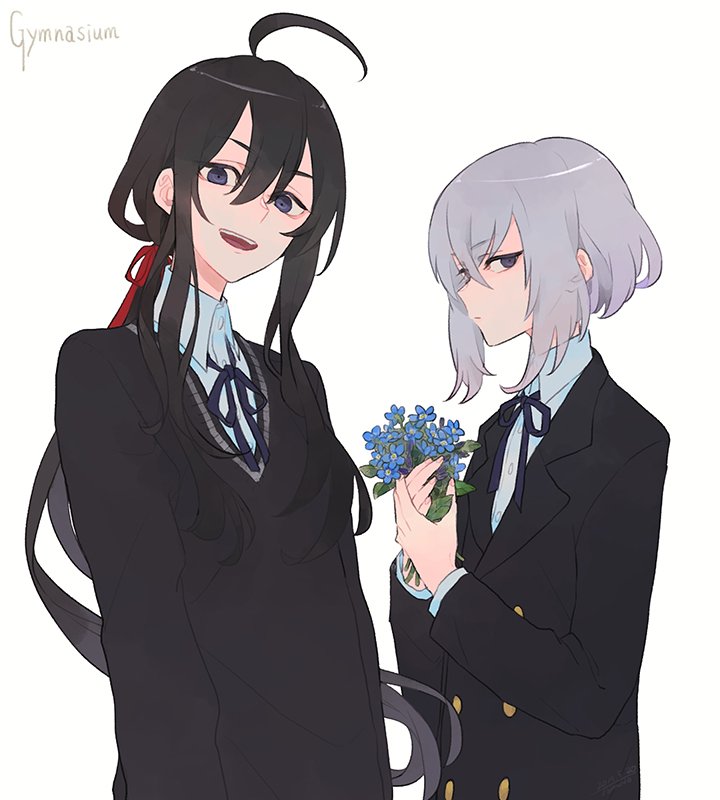 2boys ahoge black_eyes black_hair black_jacket black_sweater blazer blue_flower buttons closed_mouth collared_shirt english_text flower grey_hair hair_ribbon holding holding_flower honebami_toushirou jacket leaf light_frown long_hair looking_at_viewer multiple_boys multiple_girls namazuo_toushirou open_mouth red_ribbon ribbon shirt short_hair sidelocks sideways_glance simple_background standing sweater tomatoma_(10mato_ma10) touken_ranbu undershirt upper_body v-neck white_background white_shirt