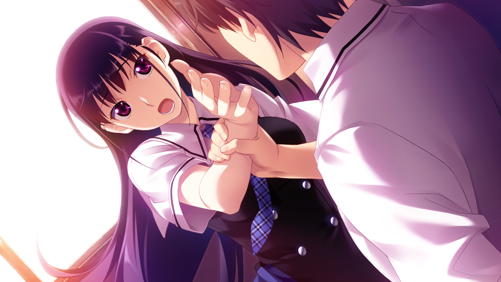 1boy 1girl black_dress black_hair blue_dress blue_necktie breasts buttons double-breasted dress game_cg grisaia_(series) grisaia_no_kajitsu holding_another&#039;s_wrist incoming_attack indoors kazami_yuuji long_hair looking_at_another medium_breasts necktie non-web_source open_mouth plaid_clothes plaid_necktie purple_eyes sailor_collar sakaki_yumiko school_uniform shirt short_sleeves surprised two-tone_dress upper_body variant_set very_long_hair watanabe_akio white_sailor_collar white_shirt window
