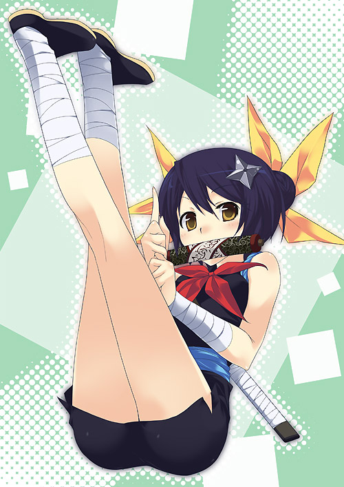 00s 1girl bandages bare_shoulders blue_hair blush breasts crossed_legs double_bun female_focus full_body green_background hair_bun hair_ribbon halftone himawari himawari! hinata_himawari hyuuga_himawari japanese_clothes kimono kneepits kuji-in legs legs_together legs_up looking_at_viewer mizuki_makoto mouth_hold ninja outline own_hands_together pointing ribbon sash scroll sheath shoes short_kimono shuriken side_slit sitting small_breasts solo weapon yellow_eyes
