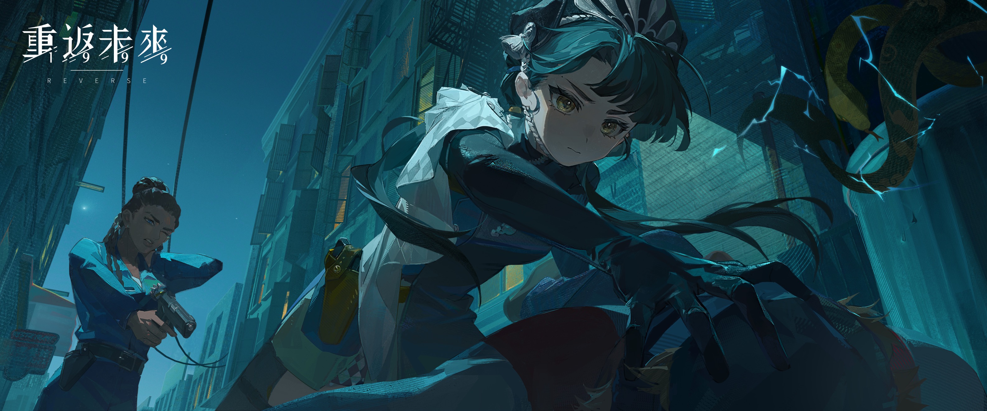 1boy 2girls aiming alley beret black_dress black_gloves black_hat blue_pants blue_shirt blue_sky brown_hair building cape chin_strap clenched_teeth copyright_name cornrows dark-skinned_female dark_skin dress electricity from_below gloves gun hair_bun hand_on_another's_head hand_on_own_neck handgun hat highres holding holding_gun holding_weapon holster liang_yue_(reverse:1999) logo long_hair looking_down low_twintails multiple_girls night night_sky official_art one_eye_closed outdoors pants poitier_(reverse:1999) police police_uniform policewoman power_lines push_down reverse:1999 shirt side_cape sky snake teeth trash_can twintails upper_body v-shaped_eyebrows weapon white_cape yellow_eyes
