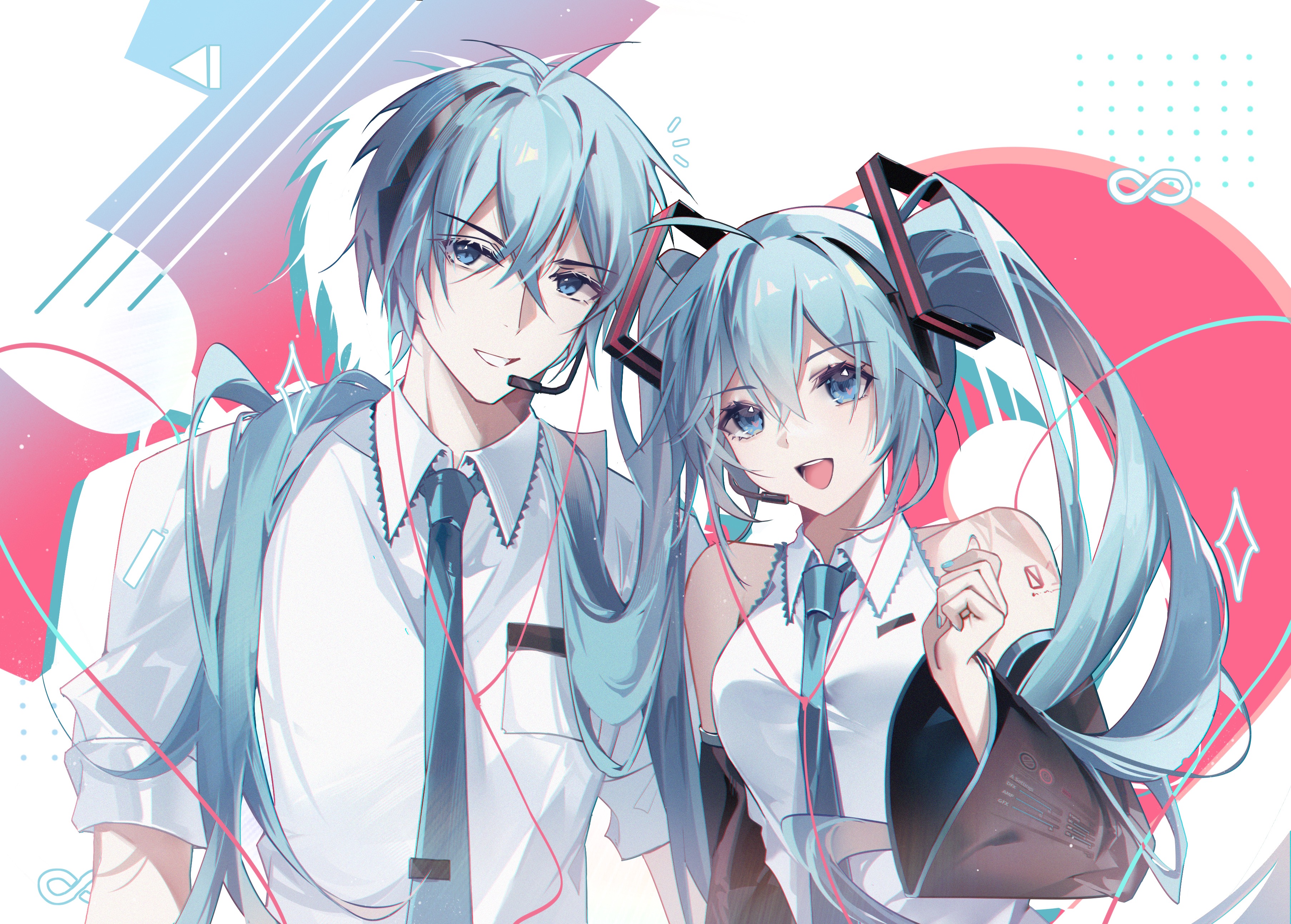 1boy 1girl :d absurdres aqua_nails bare_shoulders black_sleeves blue_eyes blue_hair blue_necktie collared_shirt detached_sleeves dual_persona earphones genderswap genderswap_(ftm) hair_between_eyes hair_ornament hand_up hatsune_miku hatsune_mikuo headphones headset highres infinity_symbol jiuchuansi long_hair looking_at_viewer nail_polish necktie notice_lines number_tattoo open_mouth parted_lips pink_background shirt short_hair short_sleeves shoulder_tattoo sleeveless sleeveless_shirt smile sparkle string tattoo teeth twintails upper_body upper_teeth_only v-shaped_eyebrows very_long_hair vocaloid white_background white_shirt