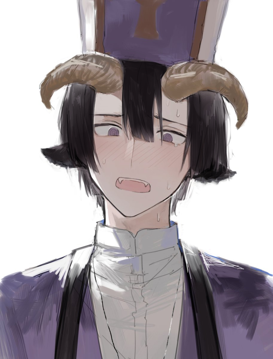 1boy animal_ears black_hair blush clerical_collar demon_boy demon_cleric embarrassed goat_ears goat_horns hair_between_eyes highres horns looking_down male_focus maou-jou_de_oyasumi open_mouth panicking portrait suechimu teeth upper_teeth_only