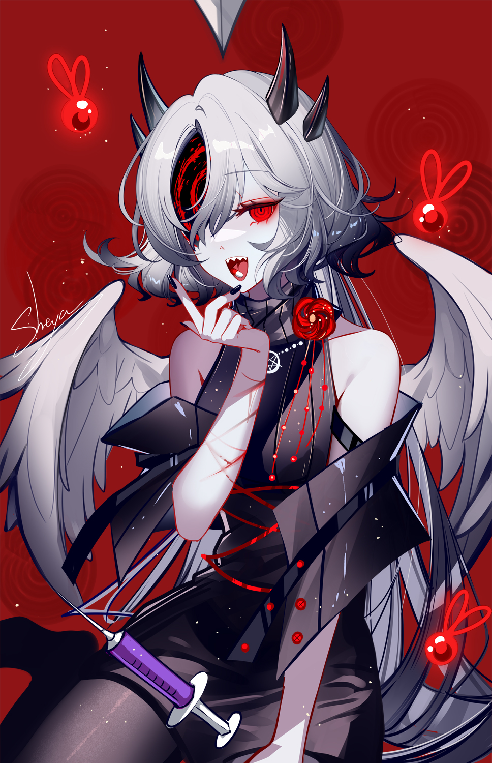 1girl :d bare_shoulders black_dress black_nails black_pantyhose character_request copyright_request cuts dress grey_hair hand_up highres horns injury long_hair nail_polish off_shoulder open_mouth pantyhose red_background red_eyes sharp_teeth sheya smile solo syringe teeth very_long_hair wings