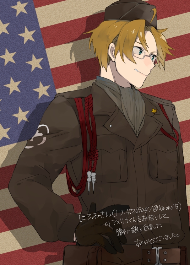 1boy ahoge america_(hetalia) american_flag american_flag_background artist_name ascot axis_powers_hetalia belt black-framed_eyewear black_gloves blonde_hair blue_eyes breast_pocket brown_belt brown_hat brown_jacket glasses gloves grey_ascot grey_shirt hand_on_own_hip hat hita_(hitapita) jacket lapels long_sleeves looking_to_the_side male_focus military_hat military_jacket military_uniform non-web_source pocket puffy_long_sleeves puffy_sleeves semi-rimless_eyewear shadow shirt short_hair smile solo standing star_(symbol) teeth