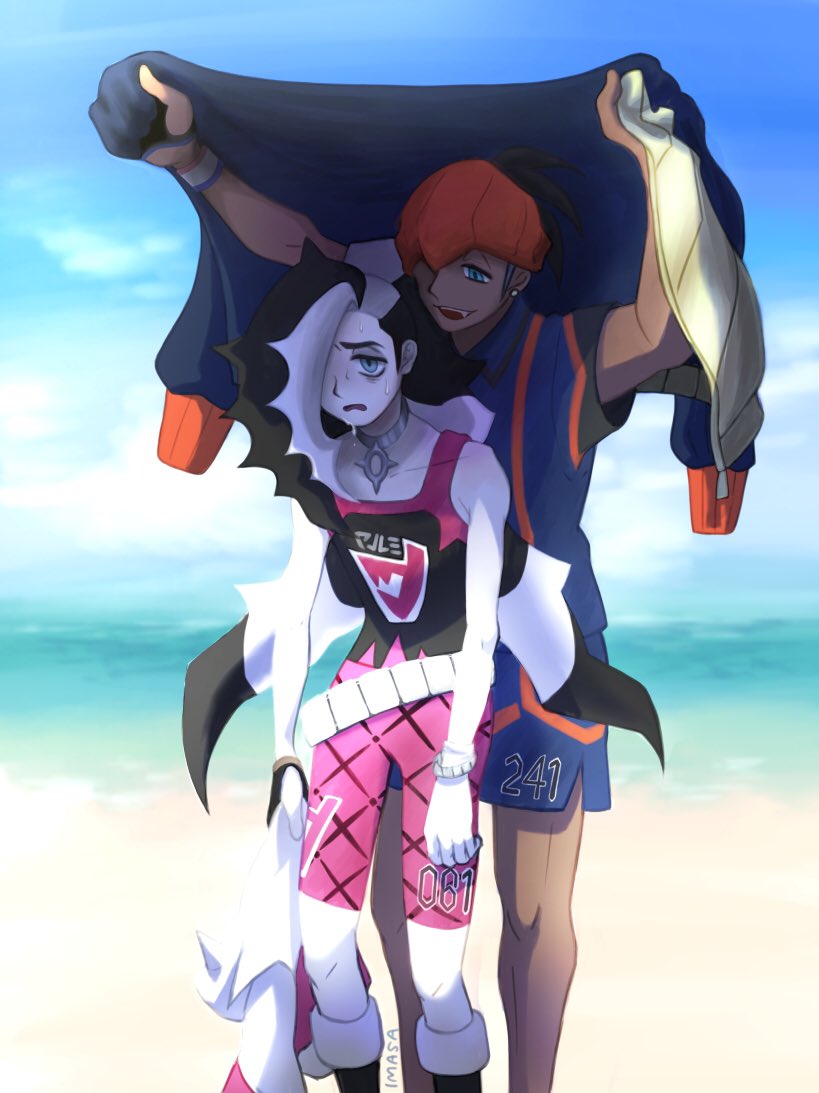 2boys :d arms_up beach belt bike_shorts black_hair boots cloud collared_shirt commentary_request dark-skinned_male dark_skin day dynamax_band earrings eyeshadow gloves green_eyes grey_eyeshadow hair_over_one_eye headband holding_hoodie hood hoodie hot im_i_masa jewelry long_hair makeup male_focus multicolored_hair multiple_boys nintendo open_mouth orange_headband outdoors pale_skin partially_fingerless_gloves piers_(pokemon) pokemon pokemon_swsh raihan_(pokemon) sand shirt shore short_hair shorts side_slit side_slit_shorts single_glove sky smile sweat teeth two-tone_hair undercut unworn_hoodie upper_teeth_only water white_hair