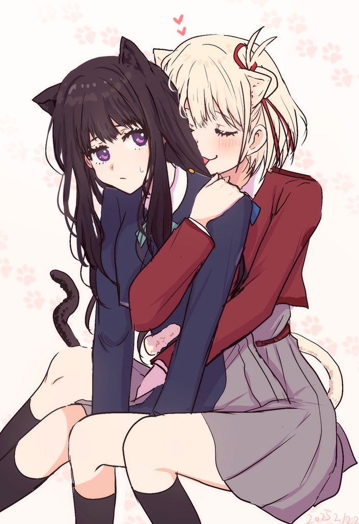 2girls animal_ears black_hair black_socks blonde_hair blue_dress blush cat_ears cat_girl cat_tail closed_eyes closed_mouth commentary_request dress hair_ribbon heart hug hug_from_behind inoue_takina kemonomimi_mode kneehighs licking_another&#039;s_hair long_hair long_sleeves looking_at_viewer lycoris_recoil lycoris_uniform multiple_girls nishikigi_chisato one_side_up paw_print purple_eyes raikou104 red_dress red_ribbon ribbon short_hair socks sweatdrop tail tail_around_waist tongue tongue_out yuri