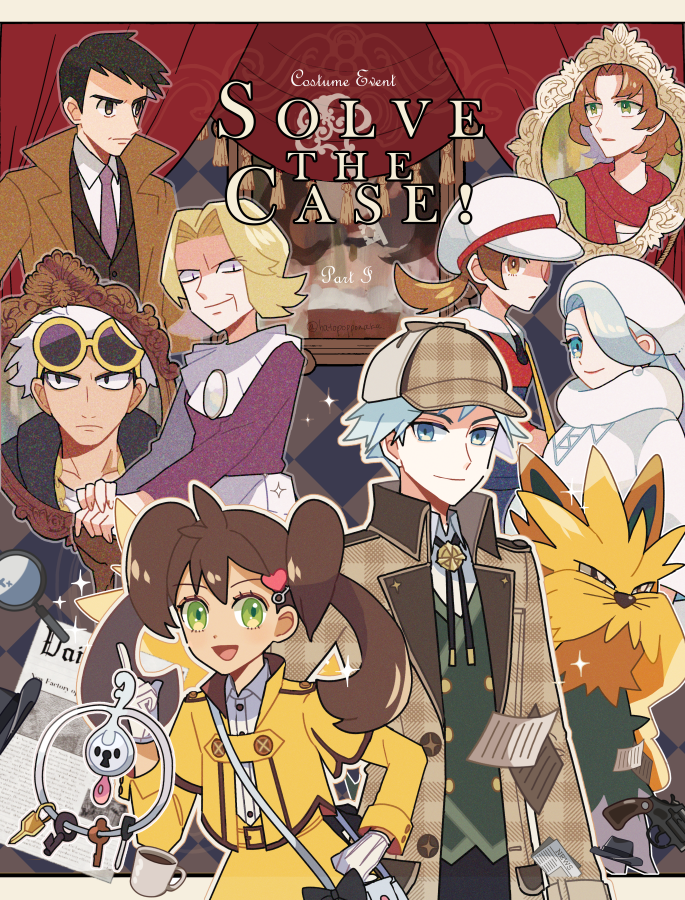4girls agatha_(pokemon) alternate_color blue_hair brown_eyes brown_hair cabbie_hat cane coat earrings gen_5_pokemon gen_6_pokemon gloves green_eyes gun guzma_(pokemon) hair_ornament handgun hat heart heart_hair_ornament hood hoodie jewelry key key_hair_ornament klefki looker_(pokemon) looking_at_viewer lyra_(pokemon) magnifying_glass melony_(pokemon) multiple_boys multiple_girls necktie newspaper nintendo official_alternate_costume open_mouth painting_(object) pokemon pokemon_(creature) pokemon_bw pokemon_dppt pokemon_frlg pokemon_hgss pokemon_masters_ex pokemon_sm pokemon_swsh revolver scarf shauna_(pokemon) shauna_(special_costume)_(pokemon) shiny_pokemon smile sparkle ss_ii_kk steven_stone steven_stone_(special_costume) stoutland sunglasses sweater team_skull twintails twitter_username upper_body weapon white_hair white_headwear