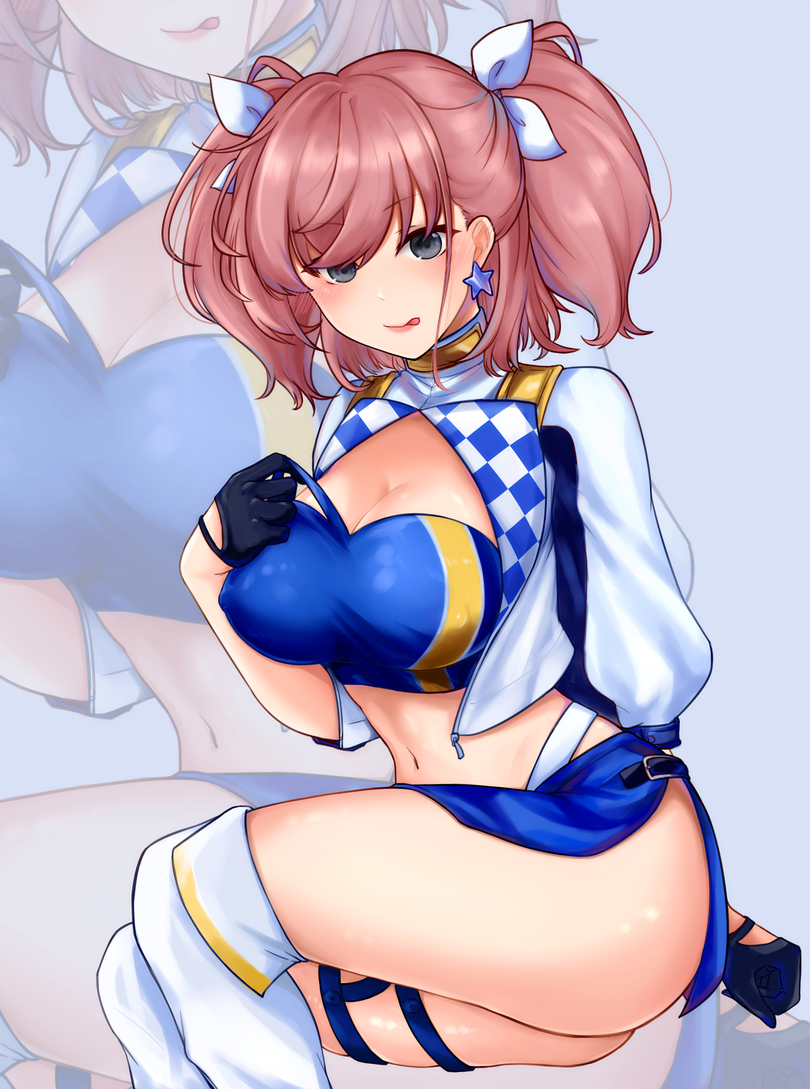 1girl absurdres atlanta_(kancolle) bandeau black_gloves blue_bandeau blue_skirt boots breasts brown_hair cosplay cropped_jacket gloves gotland_(2020_race_queen)_(kancolle) gotland_(kancolle) gotland_(kancolle)_(cosplay) grey_eyes hair_ribbon half_gloves highres jacket kantai_collection knee_boots large_breasts long_hair midriff miniskirt paid_reward_available race_queen revision ribbon shrug_(clothing) sitting skirt two_side_up white_footwear white_jacket white_ribbon yukai_(xiaoyu13298276) zoom_layer