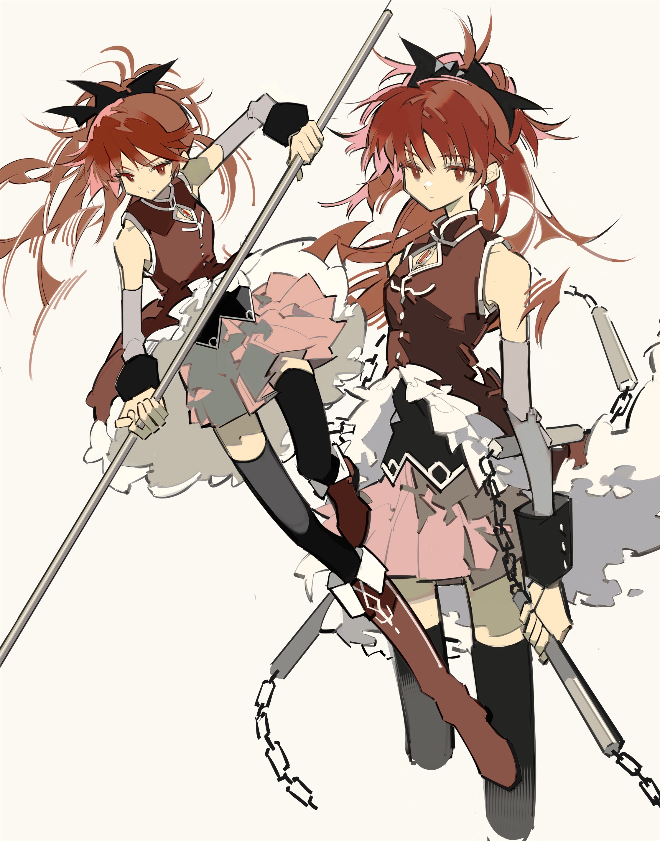 1girl absurdres bare_shoulders black_bow black_shirt black_thighhighs black_wrist_cuffs boots bow bright_pupils buttons chest_jewel chinese_commentary cleavage_cutout closed_mouth clothing_cutout collared_dress commentary_request cropped_legs detached_sleeves dress expressionless fighting_stance floating_clothes floating_hair frilled_dress frills full_body gem grey_background grey_sleeves hair_bow highres holding holding_polearm holding_weapon knee_boots light_frown long_hair long_sleeves looking_at_viewer magical_girl mahou_shoujo_madoka_magica mahou_shoujo_madoka_magica_(anime) miniskirt multiple_views nunchaku pink_skirt pleated_skirt polearm ponytail red_dress red_eyes red_footwear red_gemstone red_hair rin_lingsong sakura_kyoko sakura_kyoko_(magical_girl) shirt shirt_under_dress short_dress simple_background skirt skirt_under_dress thighhighs very_long_hair weapon white_pupils wrist_cuffs
