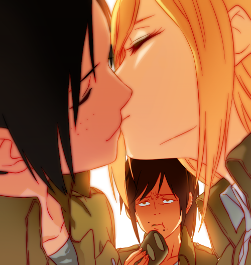 3girls backlighting black_hair blonde_hair bread brown_hair close-up closed_eyes couple eating food freckles frown hak_(fox0179) kiss krista_lenz multiple_girls sasha_blouse shingeki_no_kyojin ymir_(shingeki_no_kyojin) yuri